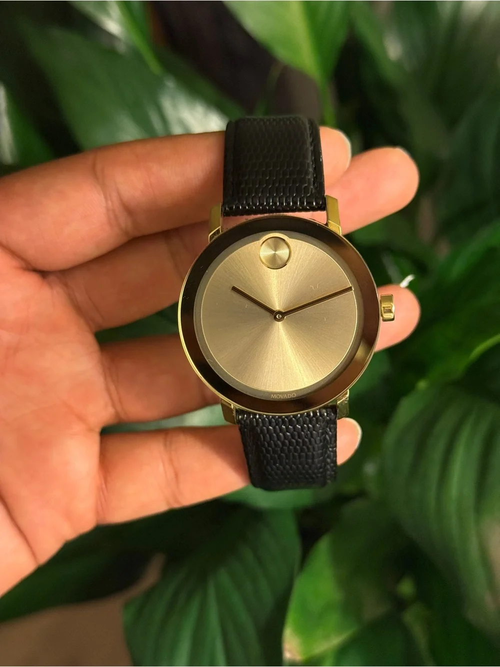Movado bold Elegant Gold Dial Men's Watch with Black Leather Strap